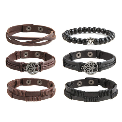 HZMAN Genuine Leather Tree of life Bracelets Men Women, Tiger Eye Natural Stone Lava Rock Beads Ethnic Tribal Elastic Bracelets Wristbands Classic Set