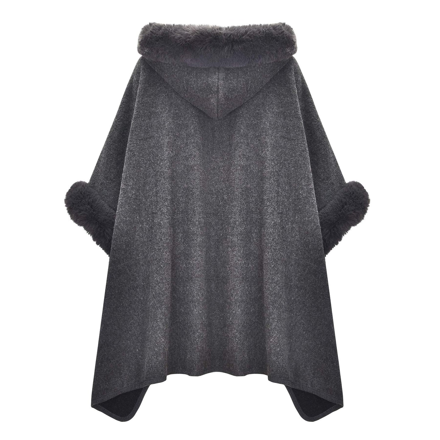 Women Winter Fashion Faux Fur Trim Layers Hooded Cardigan Warm Cape Sweater Cloak Navy