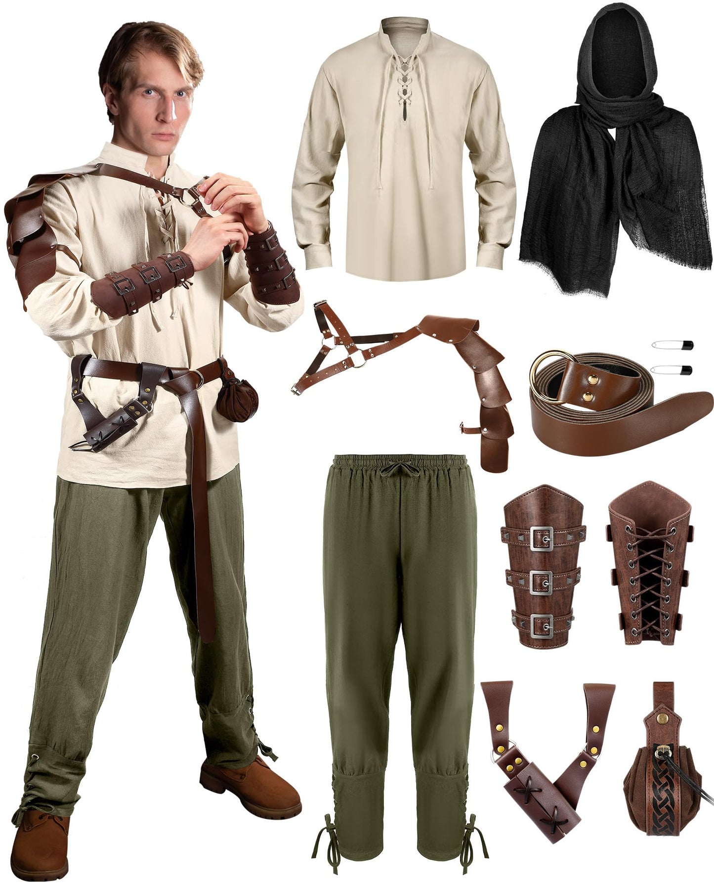 Men's Renaissance Costume Set Shirt Pants 8 Pcs