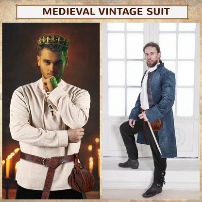 Xtinmee 4 Pcs Halloween Medieval Viking Costume Include Lace up Long Sleeve Shirts Cuff Renaissance Pants Leather Belt Pouch Beige, Brown, Coffee Large