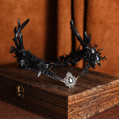 MOSTORY Handmade Gothic Elven Crown with Deer Horns Black Fairy Flower Headpiece Medieval Antler Hair Wreath Elf Cosplay Headband for Women Girls Wedding Bridal Renaissance Fair Halloween