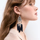 Punk Vintage Long Tassel Feather Beads Drop Wolf Tooth Pendant Earring Fish Hook Earrings Brown A