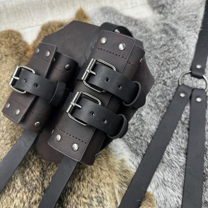 HiiFeuer Medieval Faux Leather Double Back Sword Frog, Mercenary Adjustable Sword Holster, Middle Ages Back Sword Holster Brown a
