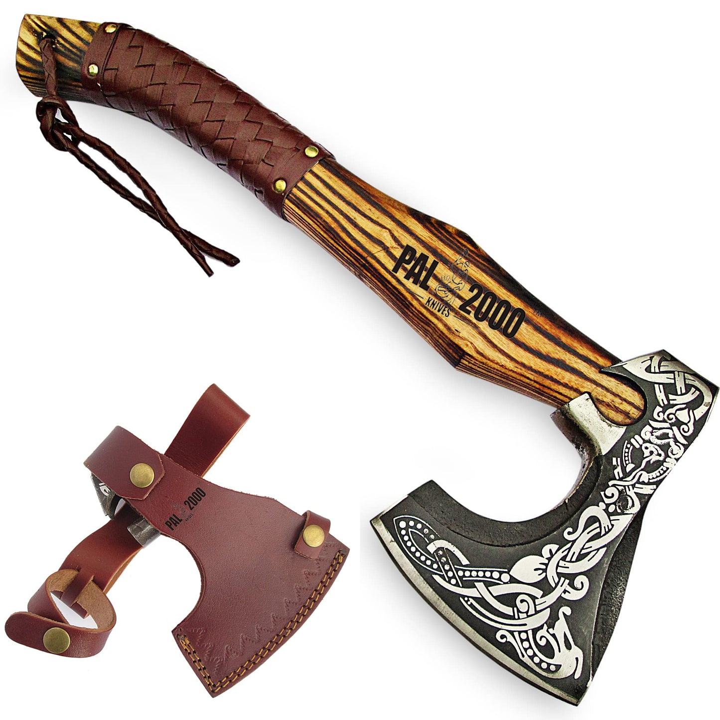 Knotwork Etched Throwing Axe with Wood Handle