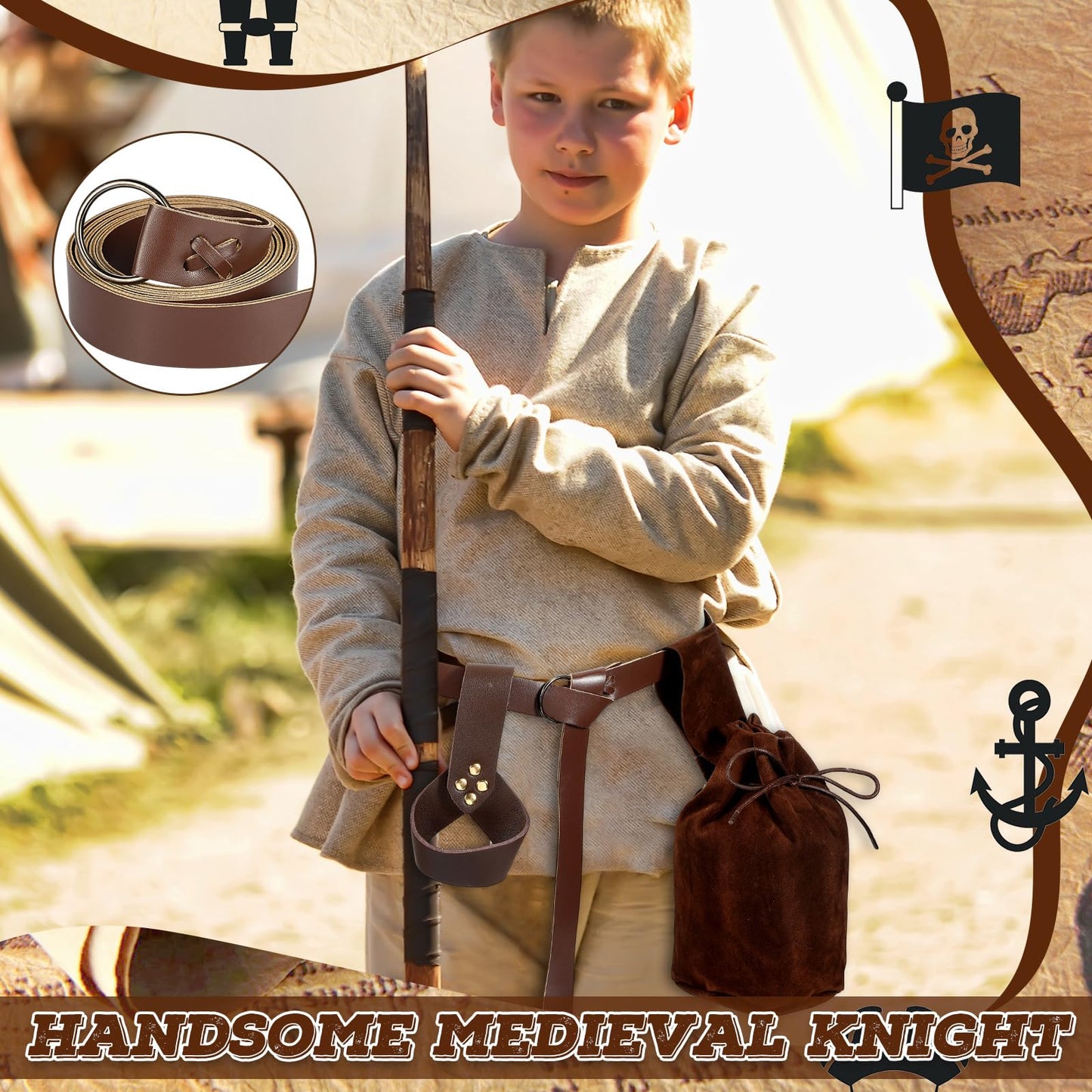 Sanwuta 3 Pcs Kids Viking Costume O Ring Medieval Viking Belt Renaissance Waist Bag Medieval Sword Holder for Halloween Brown Cool