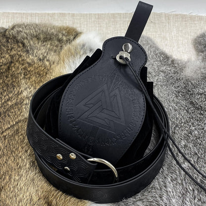 HiiFeuer Medieval O Ring Belt with Portable Drawstring Pouch, Retro Renaissance Faux Leather Belt and Purse Set for LARP Brown C