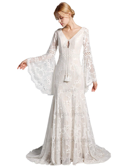 Trumpet Sleeve Embroidered Viking Wedding Dress in Ivory