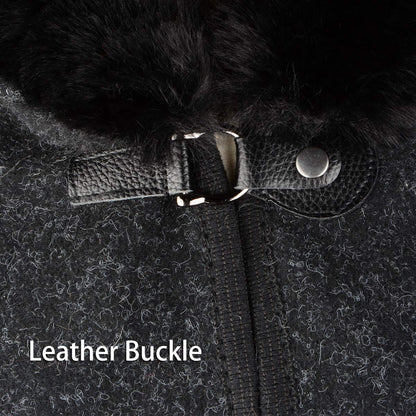 Fur-Lined Leather Closure Wool Half-Cloak with Hood