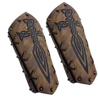 HiiFeuer Medieval Embossed Arm Bracers, Retro Faux Leather Knight Arm Gauntlets, Vintage Renaissance Arm Guards Brown C