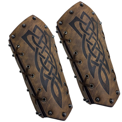 HiiFeuer Medieval Embossed Arm Bracers, Retro Faux Leather Knight Arm Gauntlets, Vintage Renaissance Arm Guards Brown C