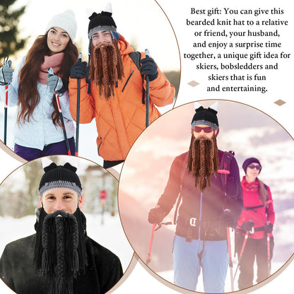 2 Pcs Viking Horn Beard Hat Handmade Creative Knit Wig Mask