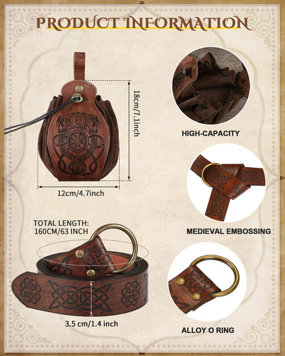 2 Pcs Medieval Viking Belt Leather Belt Pouch Renaissance Leather Belt Medieval Bag Renaissance Accessories Brown Fancy