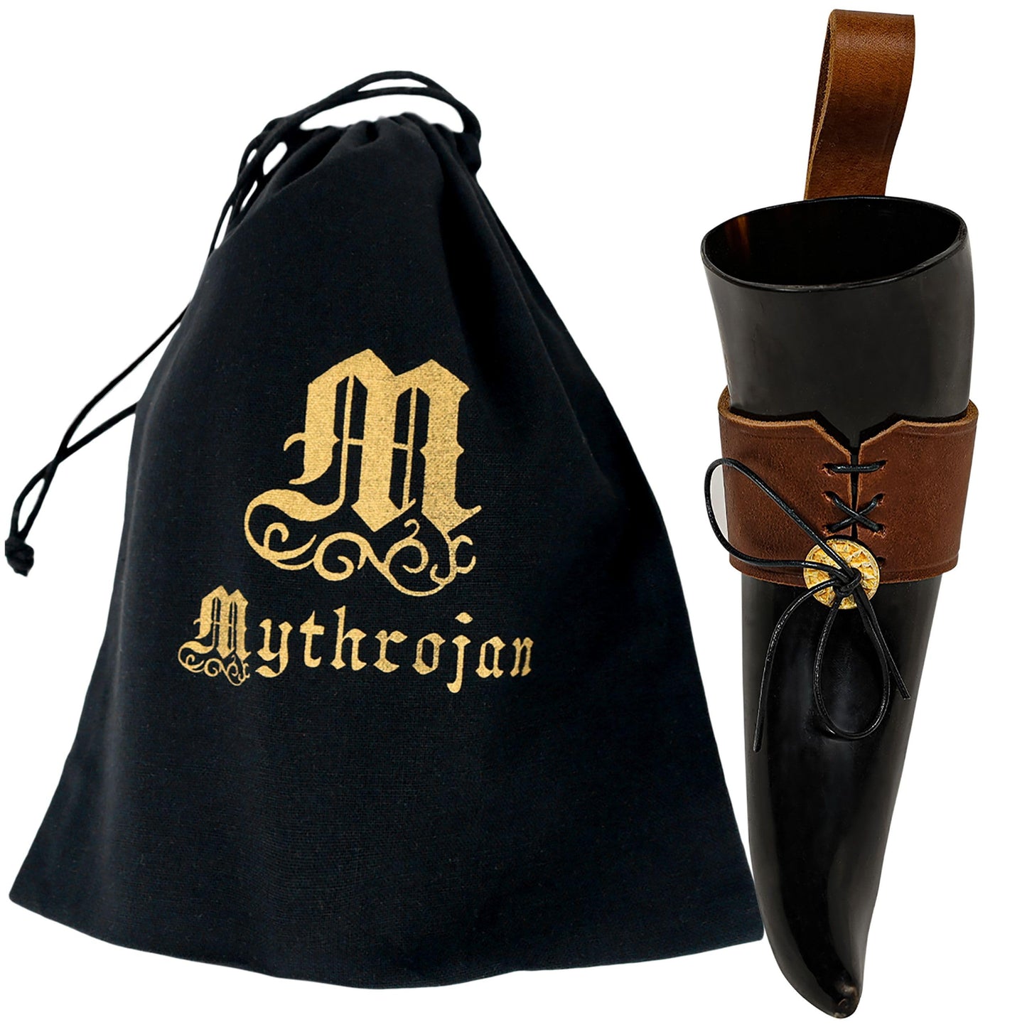 Mythrojan Viking Drinking Horn Black Medieval Beer Drinking Horn Authentic Drinking Horn with Strap Norse Beer Horn Small Drinking Horn Mug Viking Ale Horn Cup 250 ml Viking Drink Horn Replica 8oz 250 ML (Black Strap)