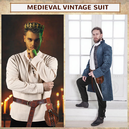 Xtinmee 4 Pcs Halloween Medieval Viking Costume Include Lace up Long Sleeve Shirts Cuff Renaissance Pants Leather Belt Pouch Beige, Brown, Coffee Large