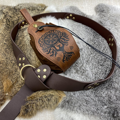 HiiFeuer Medieval O Ring Belt with Portable Drawstring Pouch, Retro Renaissance Faux Leather Belt and Purse Set for LARP Brown C