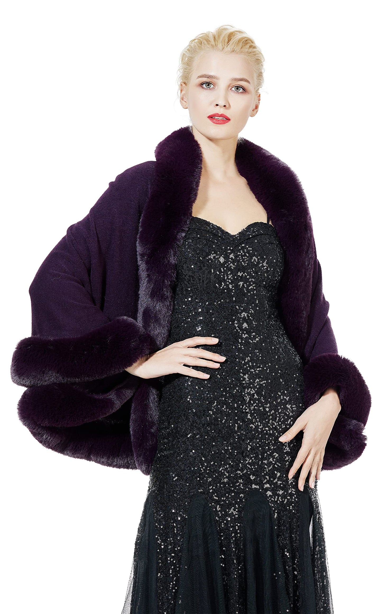 Faux Fur Shawl Wrap Stole Capelet Bridal Winter Wedding with Hook Hooded-black