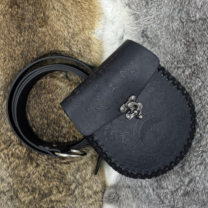 Medieval Viking Embossed O Ring Belt with Nordic Embossed Belt Bag