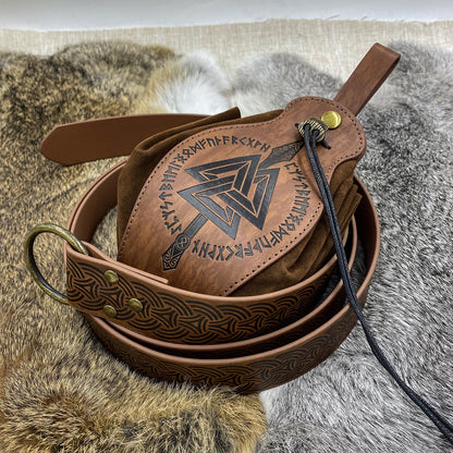 HiiFeuer Medieval O Ring Belt with Portable Drawstring Pouch, Retro Renaissance Faux Leather Belt and Purse Set for LARP Brown C