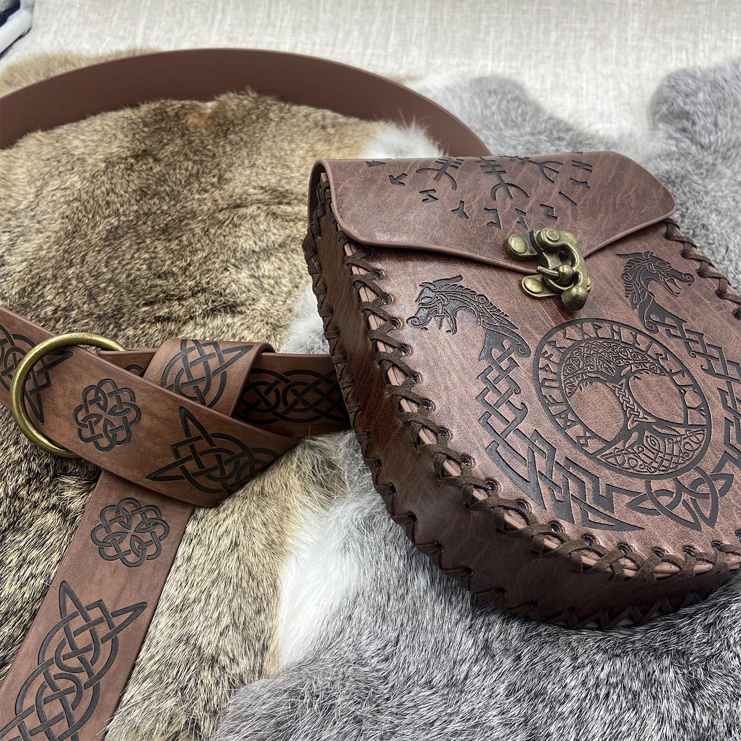 Medieval Viking Embossed O Ring Belt with Nordic Embossed Belt Bag