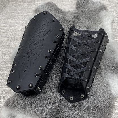 HiiFeuer Medieval Embossed Arm Bracers, Retro Faux Leather Knight Arm Gauntlets, Vintage Renaissance Arm Guards Brown C