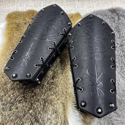 HiiFeuer Medieval Embossed Arm Bracers, Retro Faux Leather Knight Arm Gauntlets, Vintage Renaissance Arm Guards Brown C