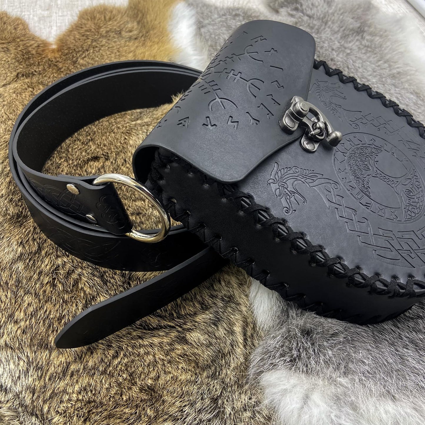 Medieval Viking Embossed O Ring Belt with Nordic Embossed Belt Bag