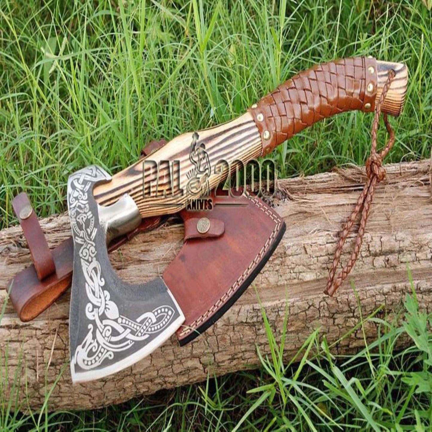 Knotwork Etched Throwing Axe with Wood Handle