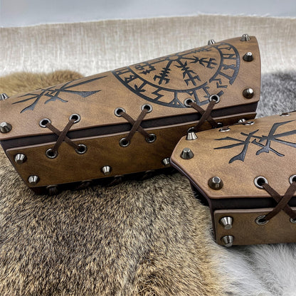 HiiFeuer Medieval Embossed Arm Bracers, Retro Faux Leather Knight Arm Gauntlets, Vintage Renaissance Arm Guards Brown C