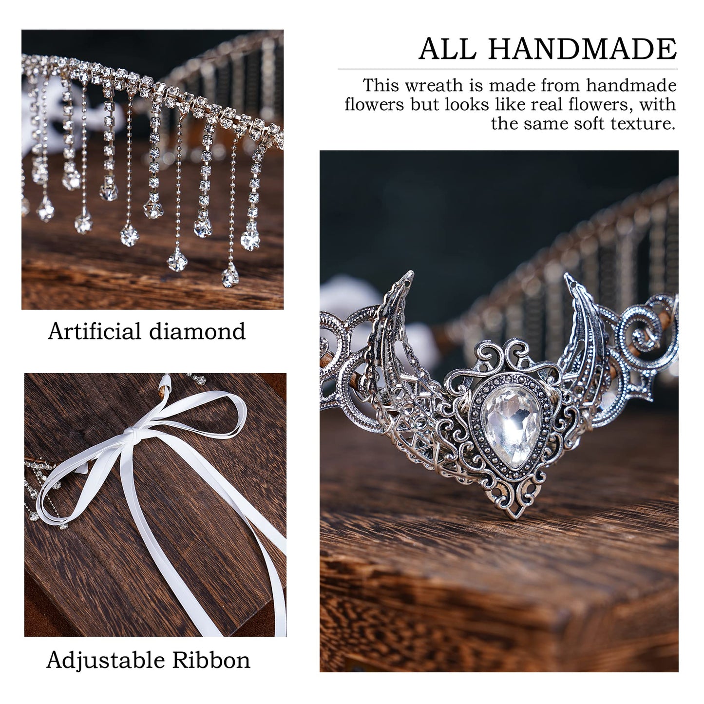 MOSTORY Handmade Silver Viking Crown with Crystal Tassels Celtic Fairy Headpiece Medieval Moon Rhinestone Circlet for Renaissance Fair Wedding Bridal Shower Maternity Shoot Prom Women Girls Costumes