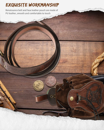 2 Pcs Medieval Viking Belt Leather Belt Pouch Renaissance Leather Belt Medieval Bag Renaissance Accessories Brown Fancy
