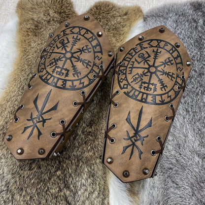 HiiFeuer Medieval Embossed Arm Bracers, Retro Faux Leather Knight Arm Gauntlets, Vintage Renaissance Arm Guards Brown C