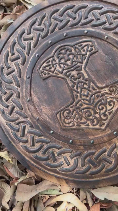 Carved Hammer Of Thor Mjolnir Knotwork Viking Shield, 24"