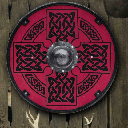 Smooth Red Medieval Shield with Celtic Sun Cross, 24 inches