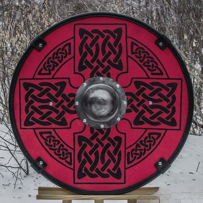 Smooth Red Medieval Shield with Celtic Sun Cross, 24 inches