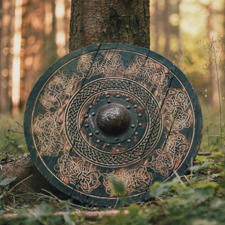 Viking Shield with Carved Norse Drake Artwork, 24"