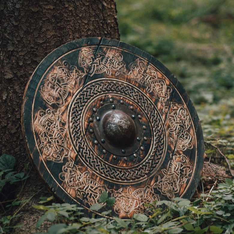 Viking Shield with Carved Norse Drake Artwork, 24"