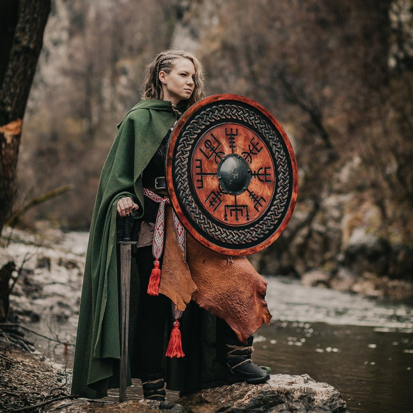 Viking Shield with Carved Vegvisir Symbol, 24"