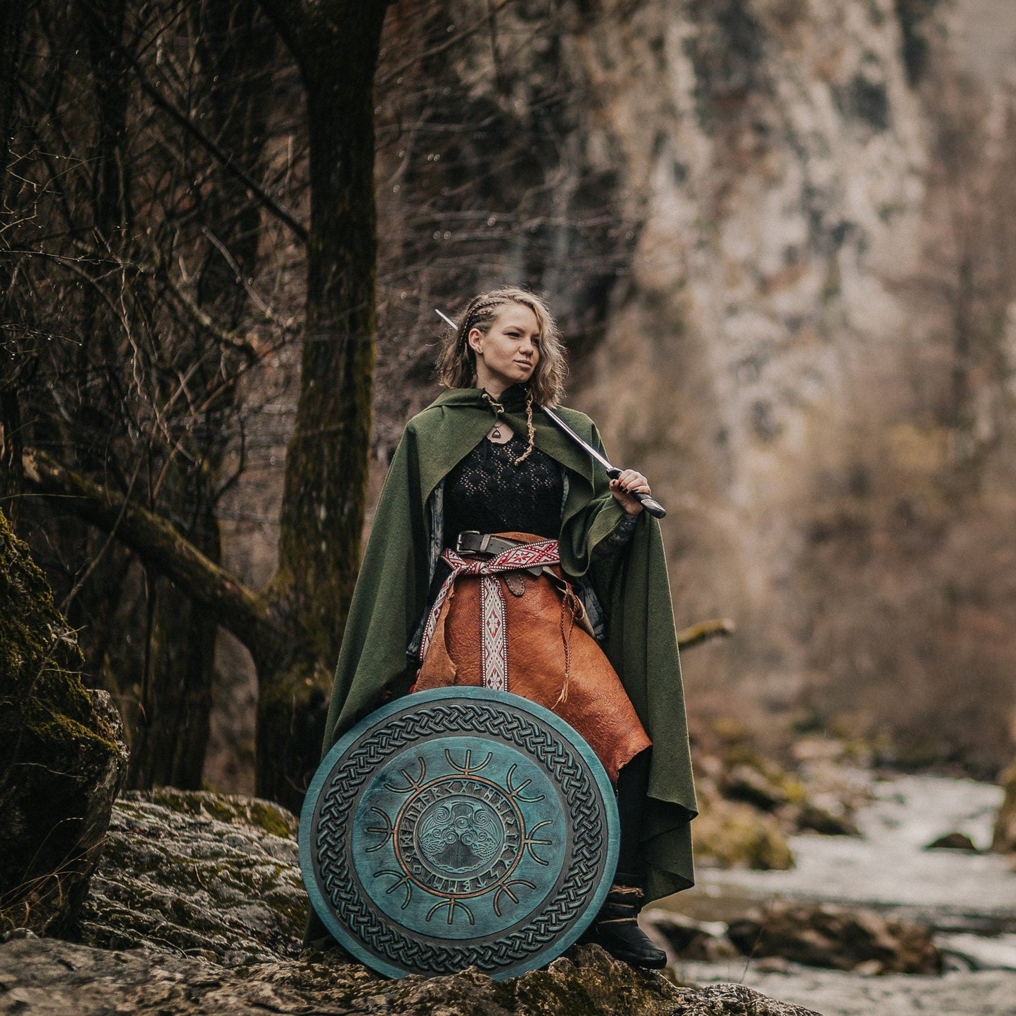 Viking Shield with Carved Odin's Raven Huginn and Muninn Symbols, 24"