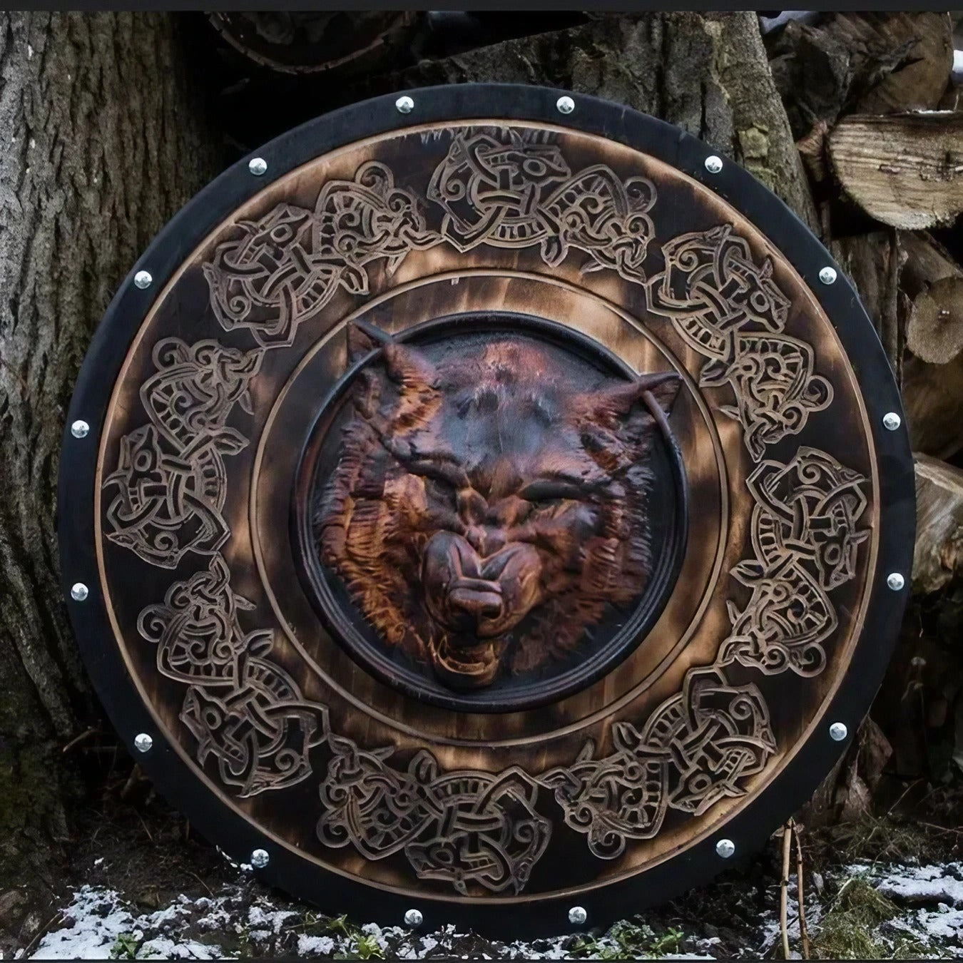 Fenrir Viking Shield with Handcarved Wolf Head, 24"