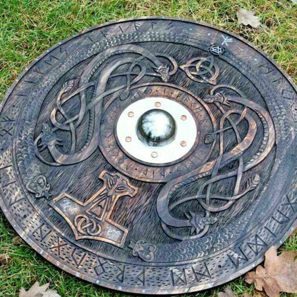 Handcarved Norse Runic Jörmungandr Ornaments Viking Shield, Large, 30"