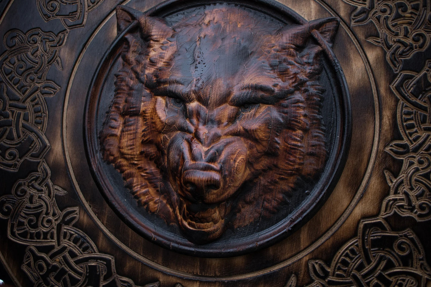 Fenrir Viking Shield with Handcarved Wolf Head, 24"